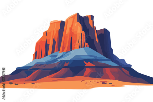 Colorful Desert Mesa with Rugged Orange Cliffs and Blue Highlights in Flat Illustration