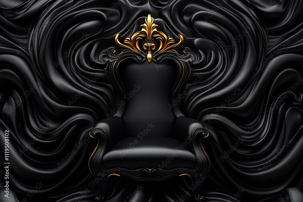Fototapeta premium A stunning throne showcases detailed gold elements set against a rich black, creating an elegant and dramatic effect