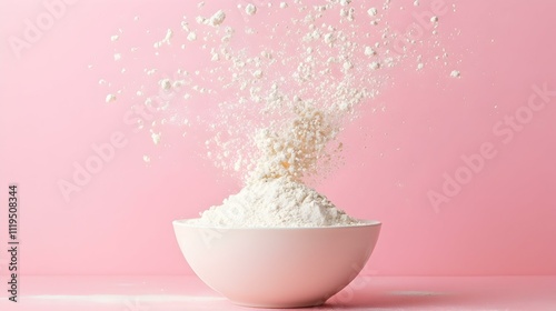 Flour explosion in a white bowl against a pink background. Perfect for baking blogs, recipes, and food packaging.