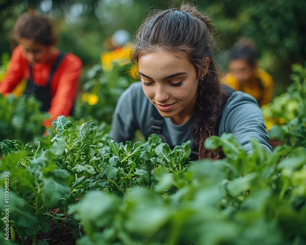 Students Learning Vegetable Gardening in Community Garden Symbolizing Independence through Education