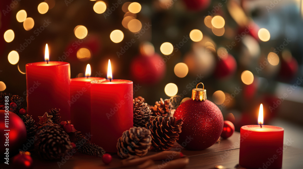 Warm holiday scene with red candles and Christmas decorations by twinkling lights Warm holiday scene with red candles and Christmas decorations by twinkling lights