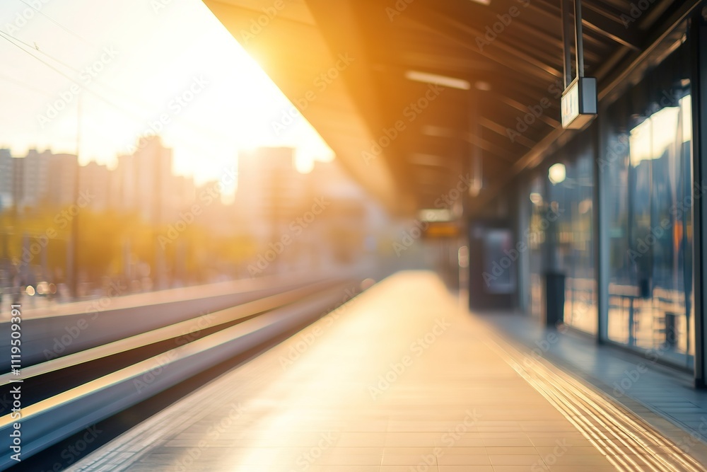 Fototapeta premium Sunset light bathing empty train platform, evoking calmness
