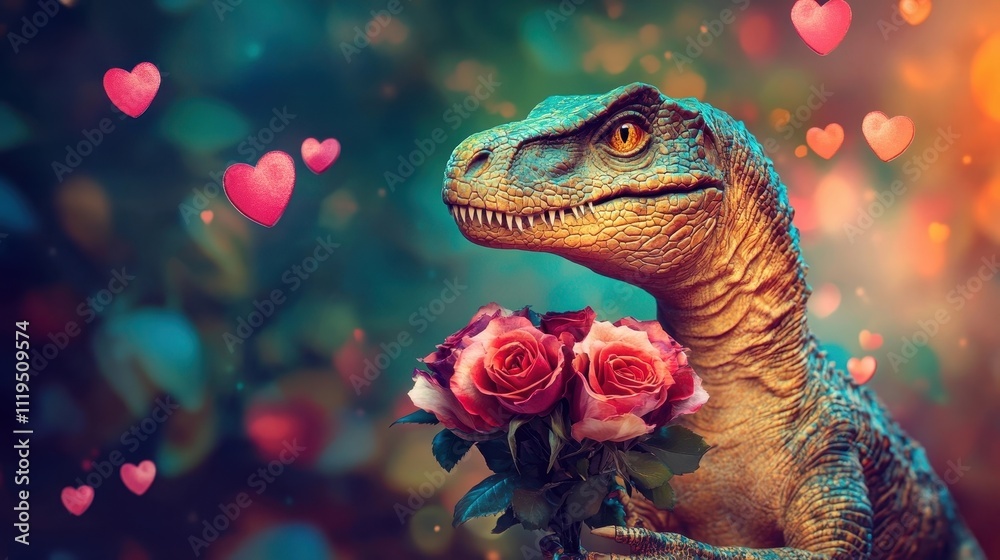 Romantic T Rex Dinosaur Holding a Rose Bouquet with Floating Hearts Romantic T Rex Dinosaur Holding a Rose Bouquet with Floating Hearts