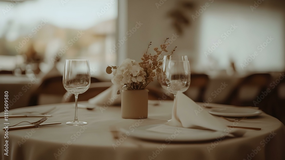 Elegant table setting with minimalist floral centerpiece. Perfect for wedding, event, or restaurant imagery. Elegant table setting with minimalist floral centerpiece. Perfect for wedding, event, or restaurant imagery.