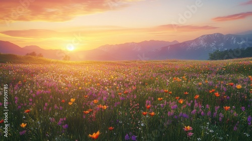 Wallpaper Mural Sunrise over a vibrant meadow of wildflowers. Majestic mountain range in the background. Torontodigital.ca