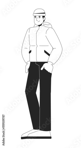 Modern chinese man posing in winter comfortable outerwear black and white 2D line character. Asian guy smiling, hands in pockets isolated vector outline person. Monochromatic spot illustration