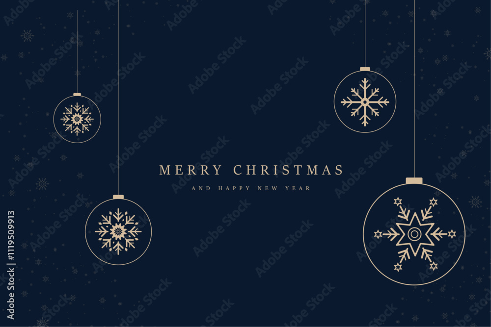 A Christmas greeting card, banner, web UI, gold Christmas ball and snow flakes on dark blue background. three luxury Christmas ball hanging down A Christmas greeting card, banner, web UI, gold Christmas ball and snow flakes on dark blue background. three luxury Christmas ball hanging down