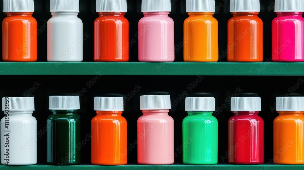 A vibrant display of assorted paint bottles arranged neatly on a shelf, showcasing a variety of bright colors in a visually appealing manner. A vibrant display of assorted paint bottles arranged neatly on a shelf, showcasing a variety of bright colors in a visually appealing manner.