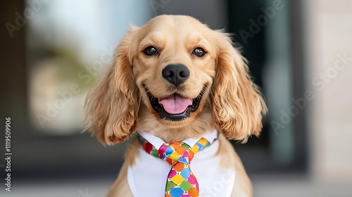 Happy dog wearing a tie posing for a photo, showcasing its playful personality and elegant accessory in a cheerful outdoor setting, perfect for pet-related themes photo