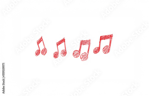 Grunge hand-drawn red music notes on white background