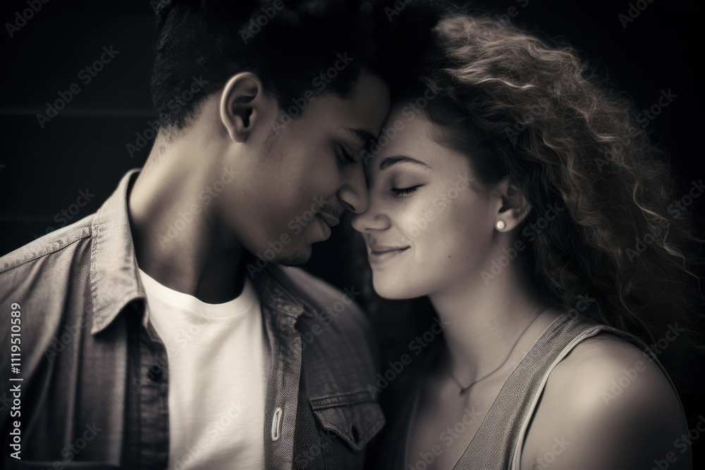 Two individuals share a tender look, embracing a moment of connection, captured in black and white for timelessness. Two individuals share a tender look, embracing a moment of connection, captured in black and white for timelessness.