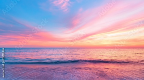 Vibrant sunset over tranquil ocean waters with pastel sky shades reflecting on the calm surface