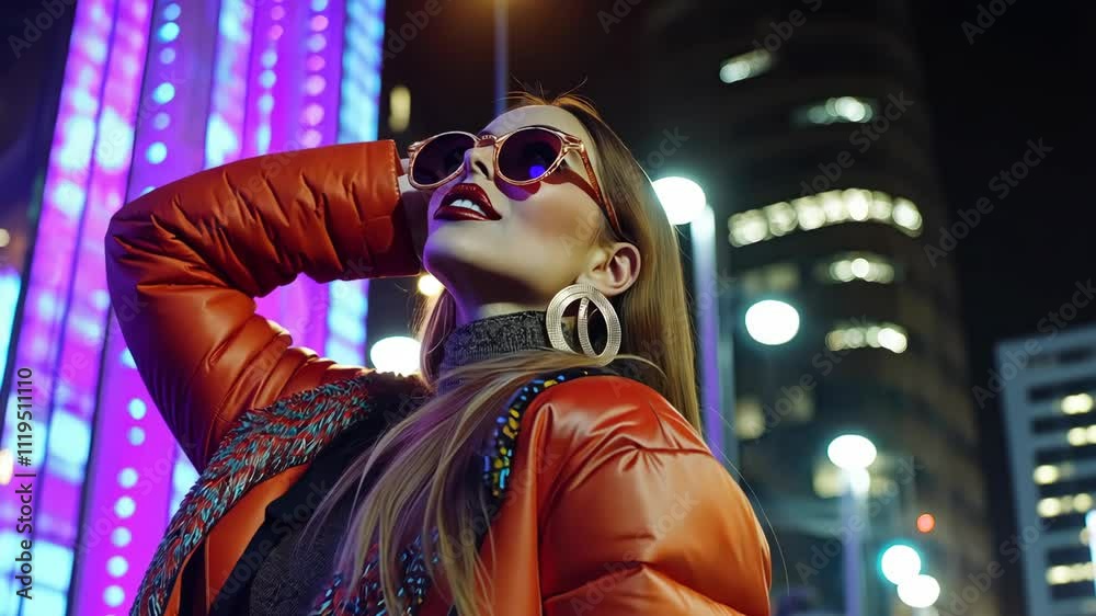 A confident model showcases bold fashion choices against a backdrop of colorful lights in a bustling city atmosphere after dark