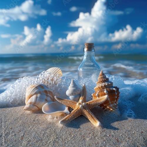 The beach is covered with white sand and there are three seashells on the shore. There is a bottle lying next to one of the starfish. In the background is a blue sky with white clouds. photo