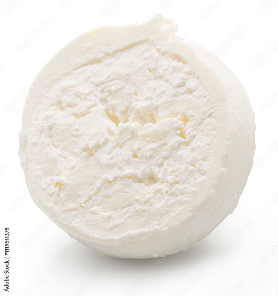 Cross cut of burrata cheese ball with stracciatella and clotted cream inside on white background. File clipping path. Cross cut of burrata cheese ball with stracciatella and clotted cream inside on white background. File clipping path.