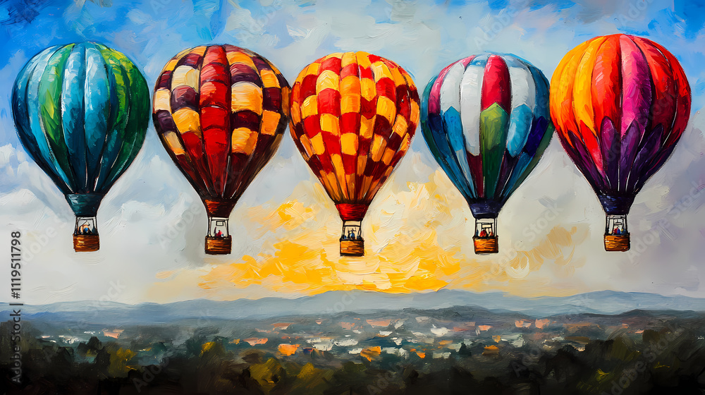 Obraz premium oil painting of colorful hot air balloons at sunset, creating vibrant festival atmosphere. balloons are beautifully detailed against scenic landscape