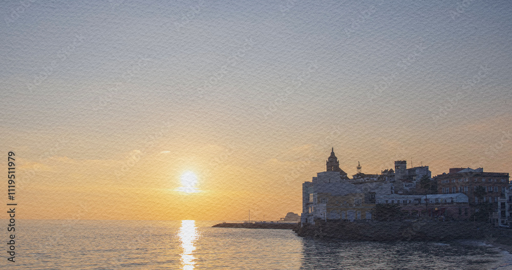 Fototapeta premium Beautiful sunset over the ocean with a small town in the background