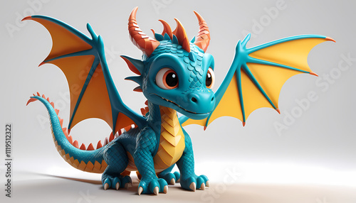 Cute dragon illustration in 3d cartoon style and expressive features, posed dynamically on a clean white isolated background, casting deep studio