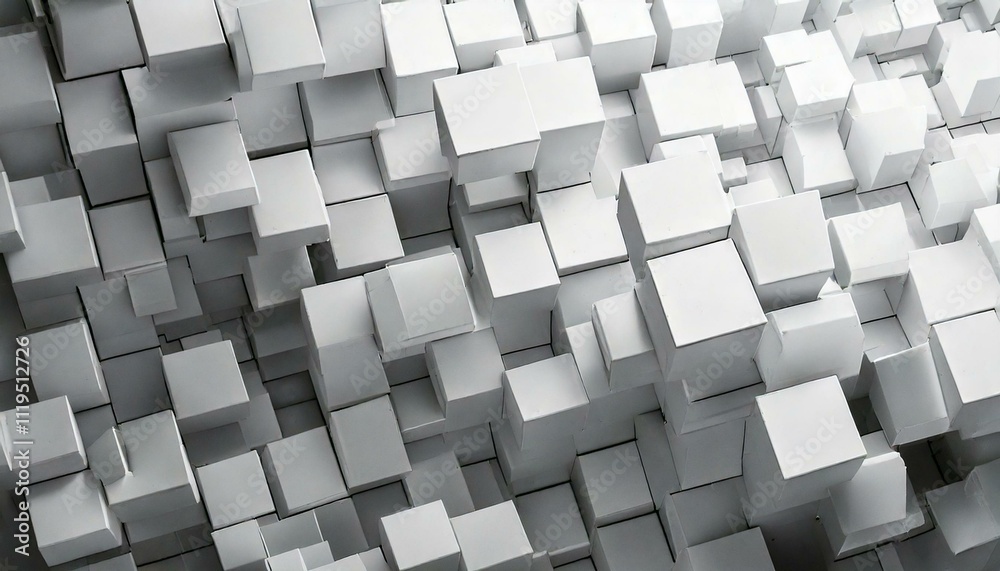 Generated image. Random shifted white cube boxes block background design pattern wallpaper banner with copy space, creating abstract modern texture, clean space, dynamic, geometric shapes, minimalisti Generated image. Random shifted white cube boxes block background design pattern wallpaper banner with copy space, creating abstract modern texture, clean space, dynamic, geometric shapes, minimalisti