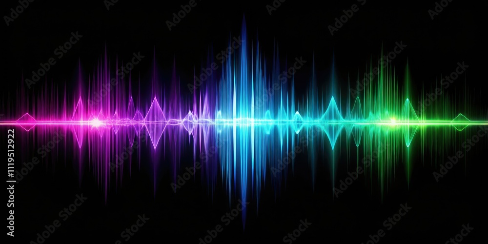 Abstract Colorful Sound Wave Equalizer, Purple Blue Green Motion, Low Light Photography, Isolated Black Background Abstract Colorful Sound Wave Equalizer, Purple Blue Green Motion, Low Light Photography, Isolated Black Background
