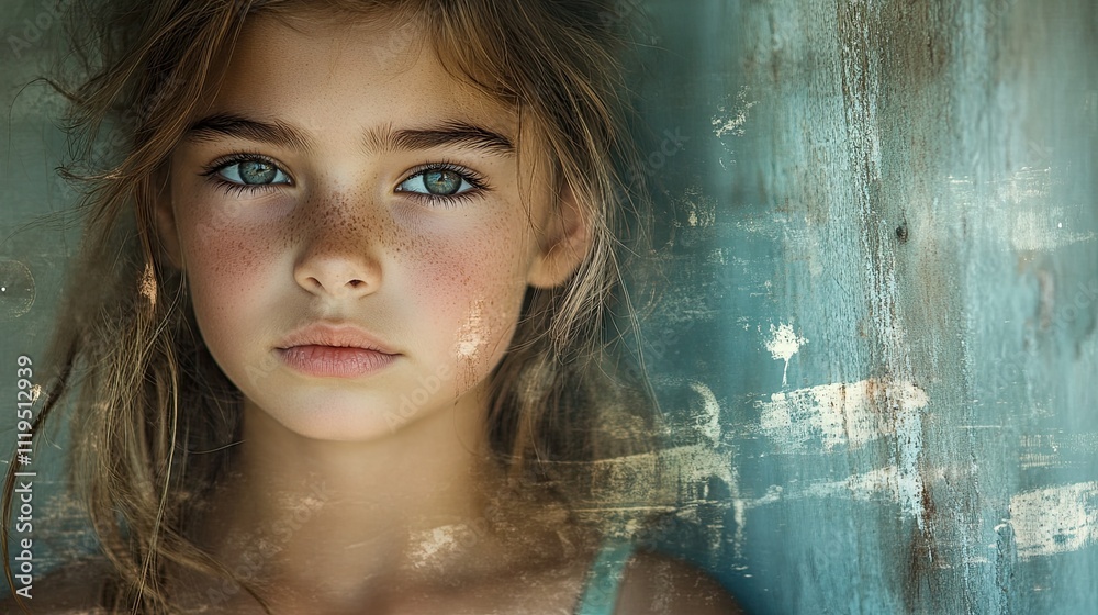 A distressed, lonely, and adorable young girl's face in a background portrait of a young, Caucasian woman\ A distressed, lonely, and adorable young girl's face in a background portrait of a young, Caucasian woman\