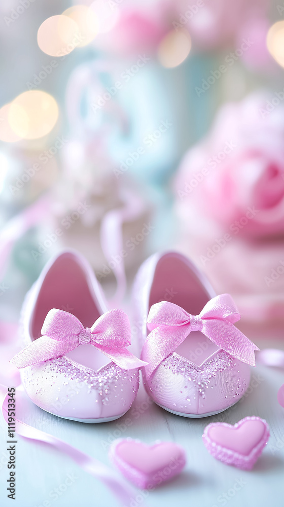Pink ballet slippers tied with ribbons shaped into hearts sit on a soft background, enhancing the enchanting setting Pink ballet slippers tied with ribbons shaped into hearts sit on a soft background, enhancing the enchanting setting