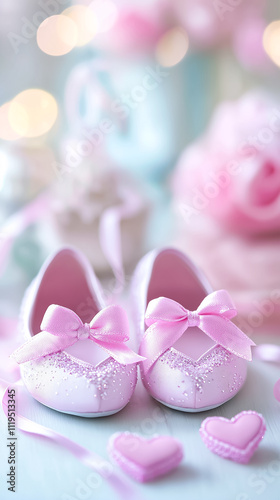 Pink ballet slippers tied with ribbons shaped into hearts sit on a soft background, enhancing the enchanting setting