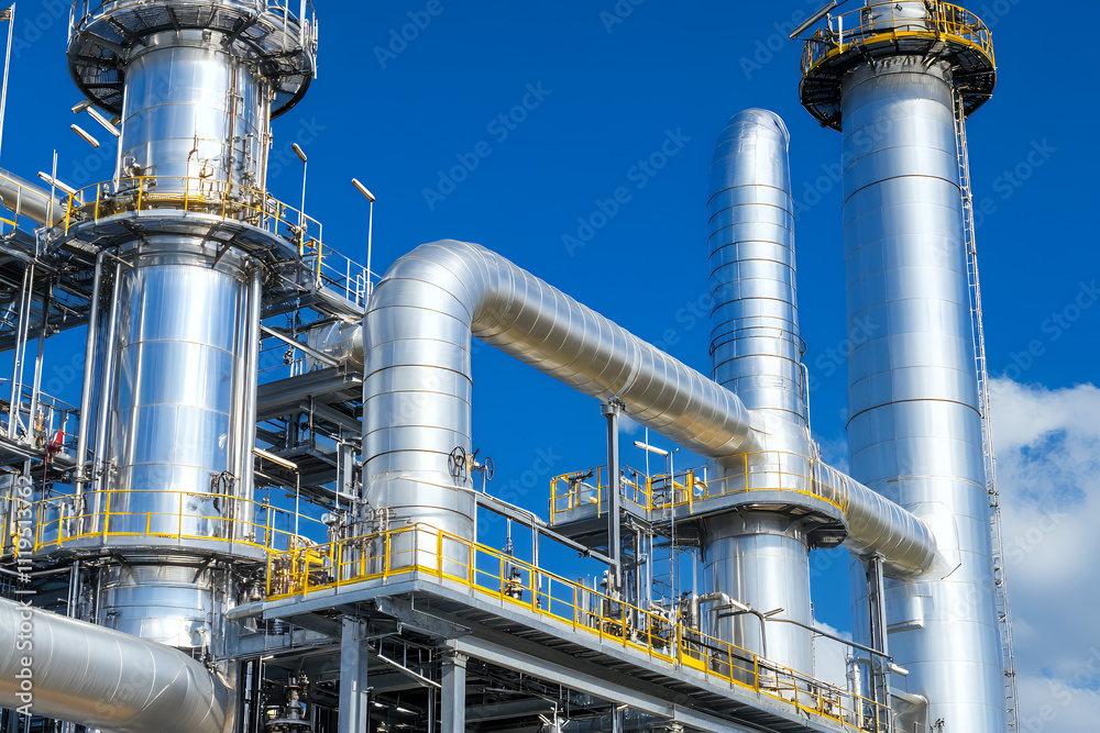 Industrial Complex Under a Blue Sky: A powerful image of a towering industrial complex against a vibrant blue sky. Industrial Complex Under a Blue Sky: A powerful image of a towering industrial complex against a vibrant blue sky.