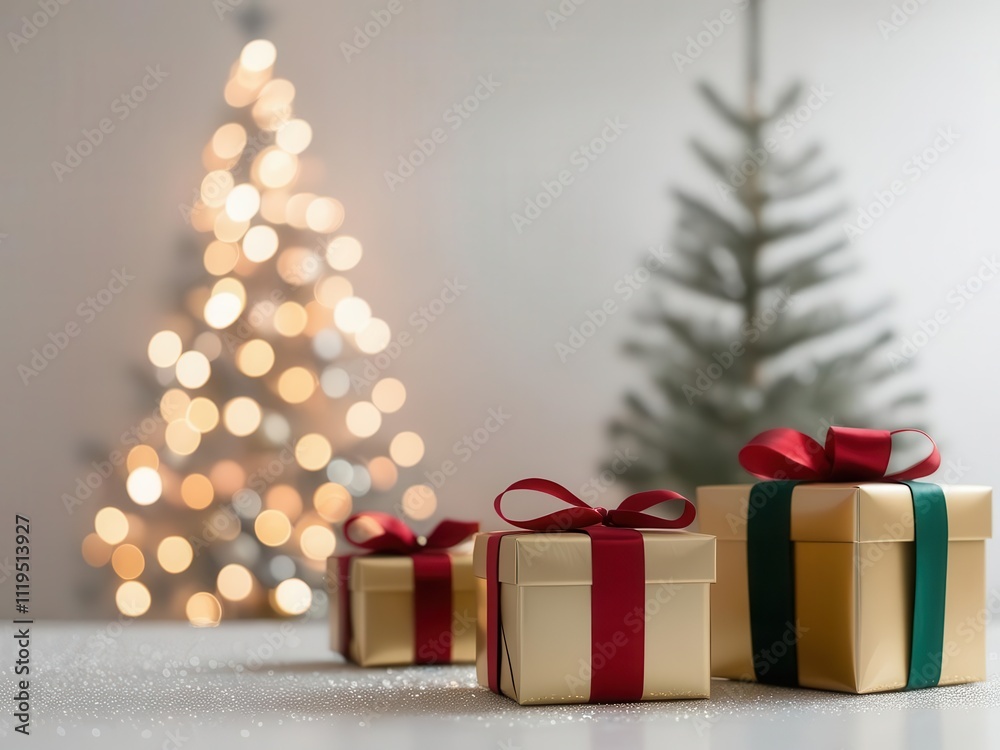 A festive scene featuring beautifully wrapped golden and red gift boxes adorned with red ribbons, placed on a white surface. In the background, a decorated Christmas tree with glowing fairy lights and A festive scene featuring beautifully wrapped golden and red gift boxes adorned with red ribbons, placed on a white surface. In the background, a decorated Christmas tree with glowing fairy lights and