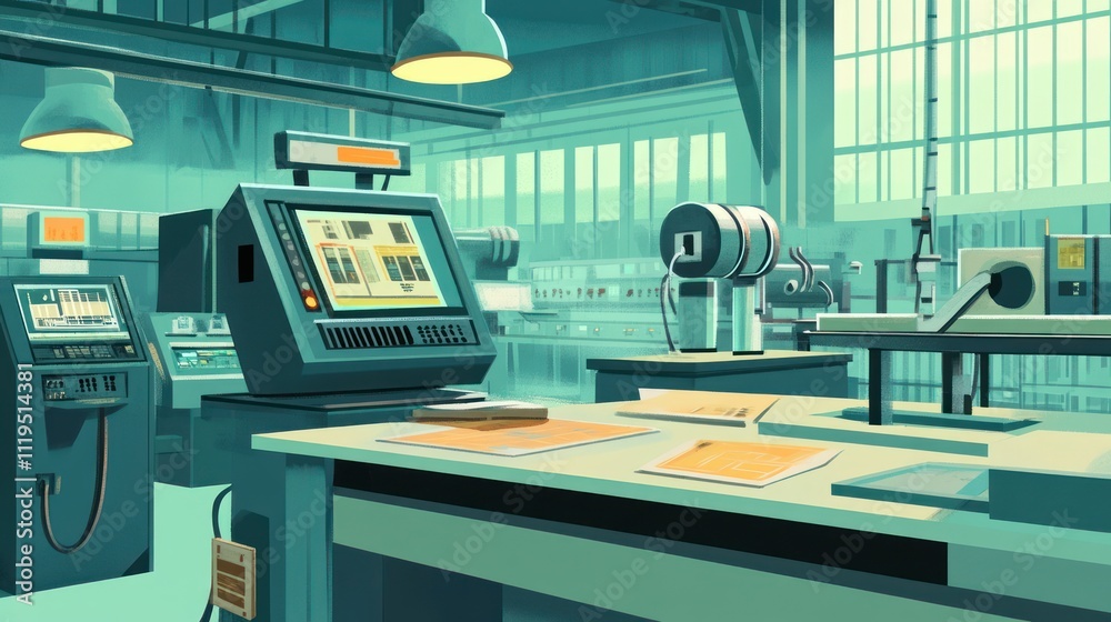 Retro Futuristic Factory Interior Workstation Design