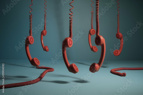 Red telephone receivers suspended mid air evoke surreal motion on muted blue