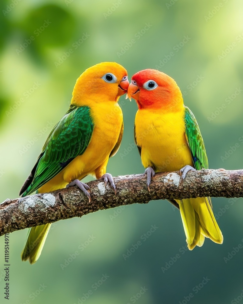 Obraz premium Two colorful lovebirds, yellow and orange, perched on a branch, gently touching beaks.