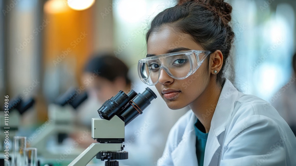Female scientist in a white lab coat, sitting by a microscope, with a confident expression in a bright, modern laboratory setting, symbolizing scientific research and innovation Female scientist in a white lab coat, sitting by a microscope, with a confident expression in a bright, modern laboratory setting, symbolizing scientific research and innovation