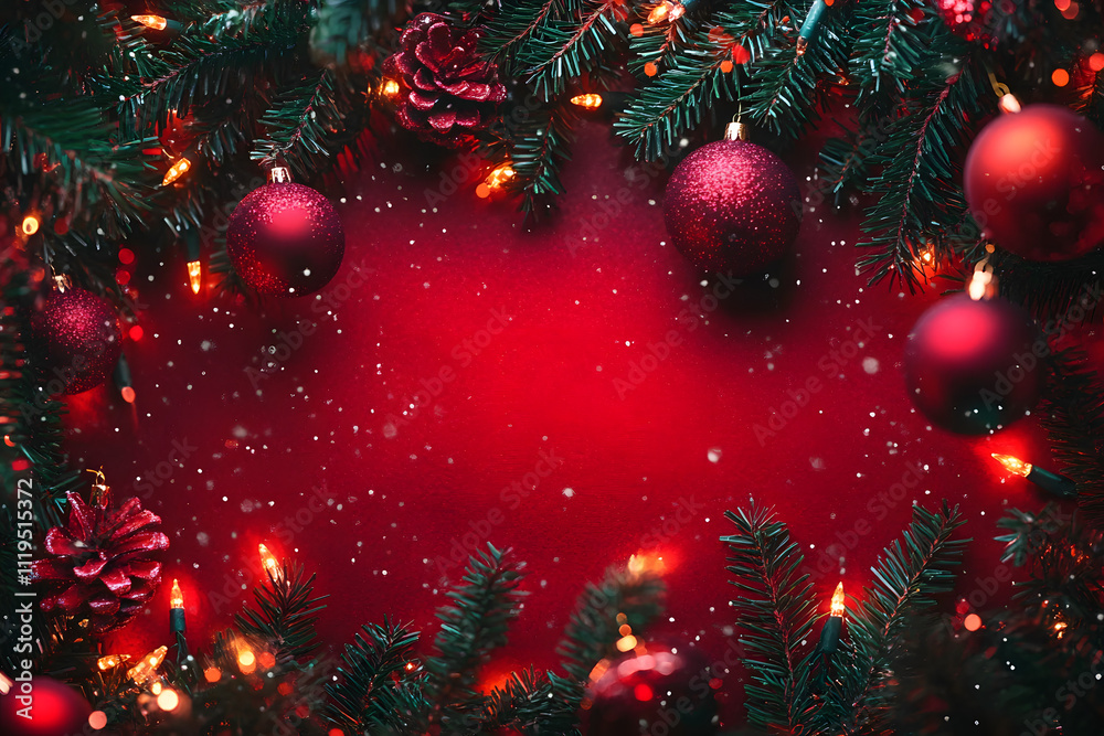 Festive red christmas background with pine branches and decorations Festive red christmas background with pine branches and decorations