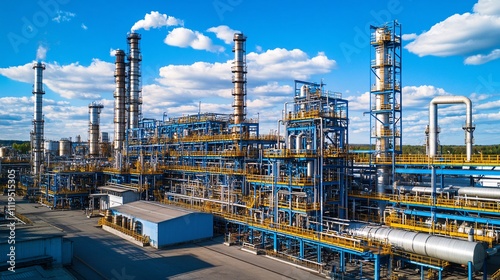 Oil refinery processing crude oil into fuels and petrochemicals under blue sky