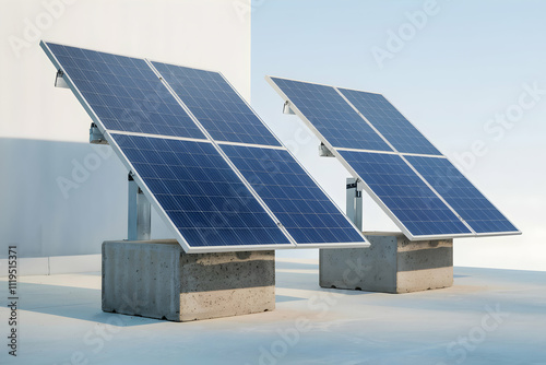 Solar panels angled on metallic stand highlight clean energy on white background