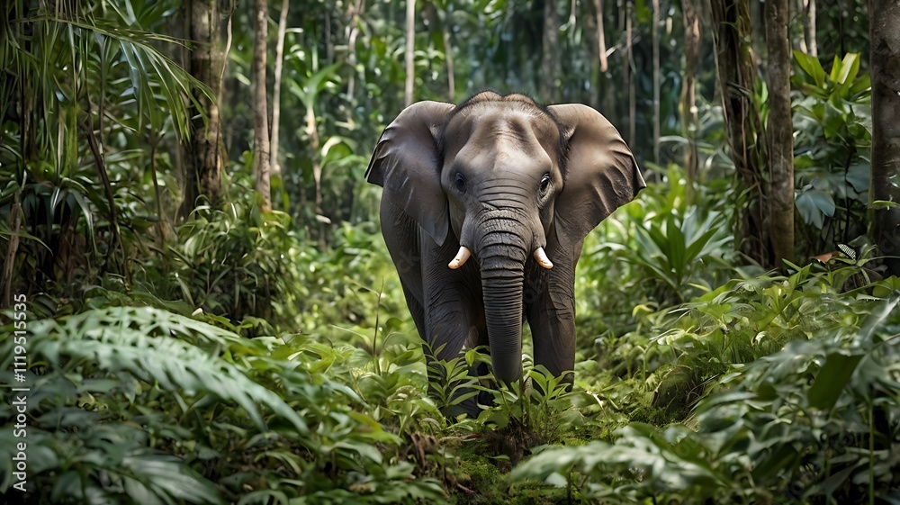 Fototapeta premium Pygmy Elephant in Borneo's rainforest, surrounded by tall trees and dense vegetation, highlighting its natural habitat. generative ai