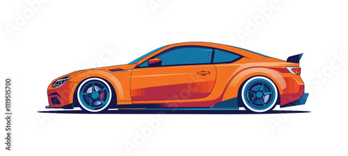 Stylish Orange Sports Car Side View Vector Illustration with Blue Accents