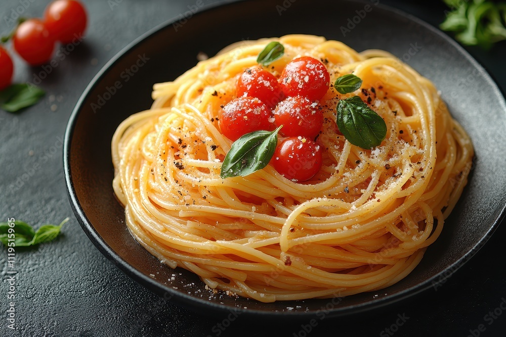 Fototapeta premium Top View of Spaghetti with Tomato Sauce on a Black Plate