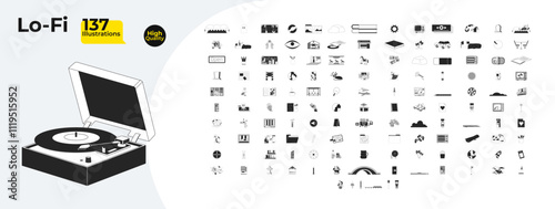 Lofi chill cozy elements outline illustrations mega bundle. Lo fi aesthetic 2D linear images isolated. Retro tv, files books, still life dreamy vibes collection black and white vector drawings