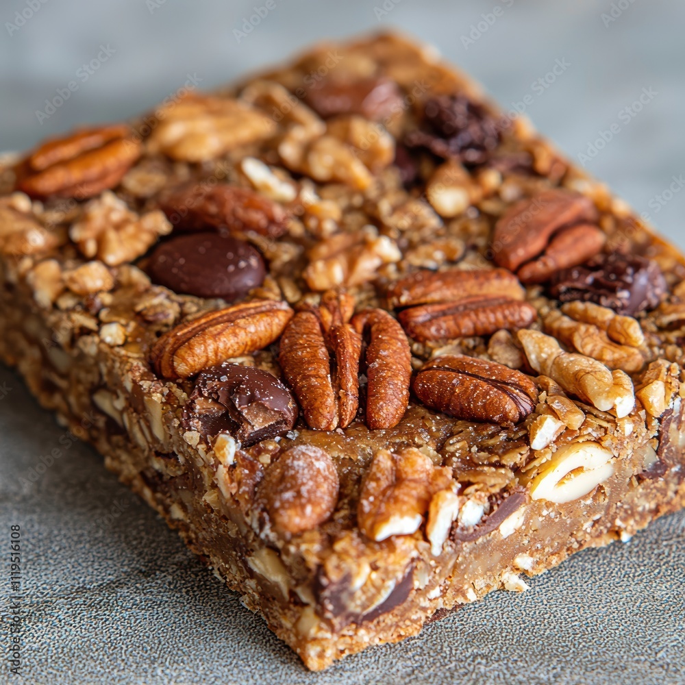 Healthy Snack Bar with Nuts and Chocolate on Wooden Surface Healthy Snack Bar with Nuts and Chocolate on Wooden Surface