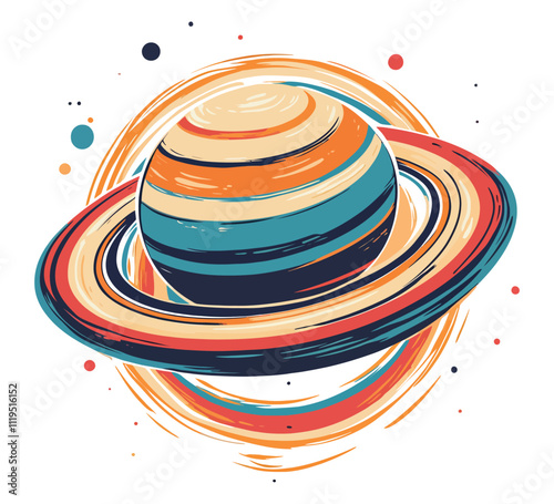 Artistic Saturn Illustration with Rings in Modern Flat Vector Style