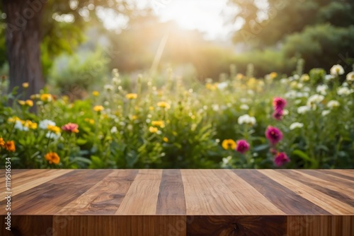 morning sun on garden flower with wooden cutting board,Selective focus.End grain wood counter top with cutting board on blur greeny flower garden, green natrue graden in the morning, winter morning photo