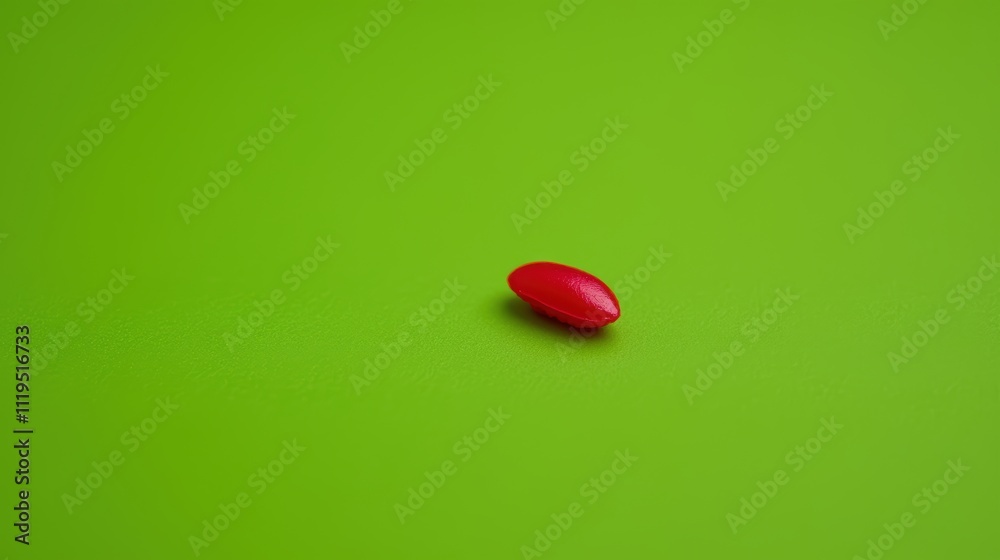 Single Red Capsule on Bright Green Surface Minimalist Design