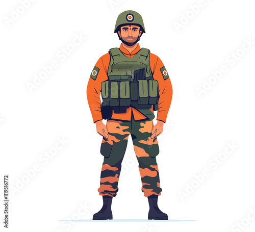 Brave Indian Army Soldier in Combat Gear Flat Design Illustration