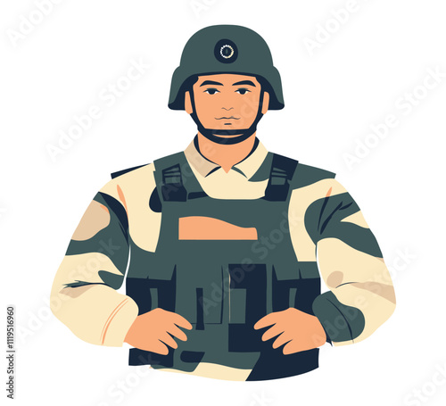 Confident Indian Soldier in Camouflage Uniform and Tactical Gear Illustration