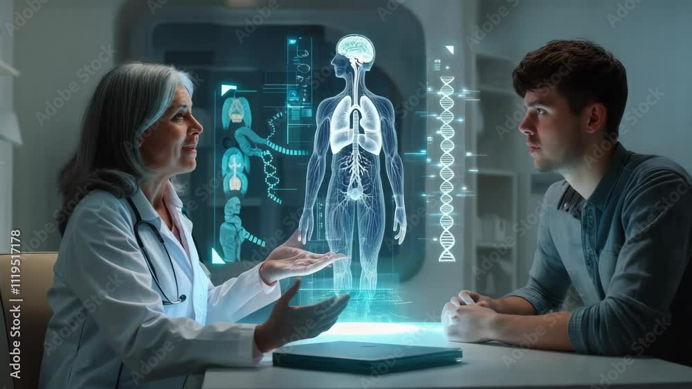 Female doctor shows a hologram of the human body to a male patient in a modern medical office. They discuss health concerns during a professional consultation