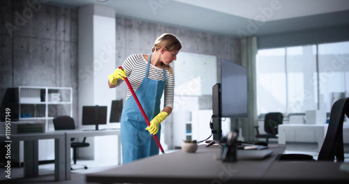 Wallpaper Mural Female Janitor With Mop Cleaning Modern Office Torontodigital.ca