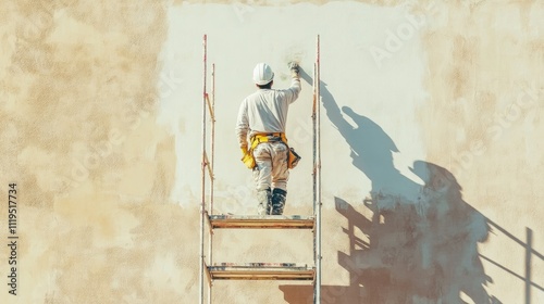 Close-up of a construction worker applying paint on a fresh wall, standing on scaffolding with safety gear, highlighting craftsmanship in modern construction photo