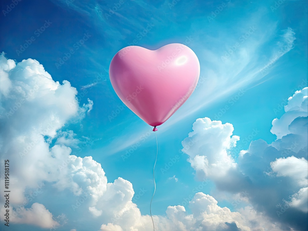 Fototapeta premium Minimalist Pink Heart Balloon, Sky, Clouds, Love, Joy, Serene, Floating Balloon Photography